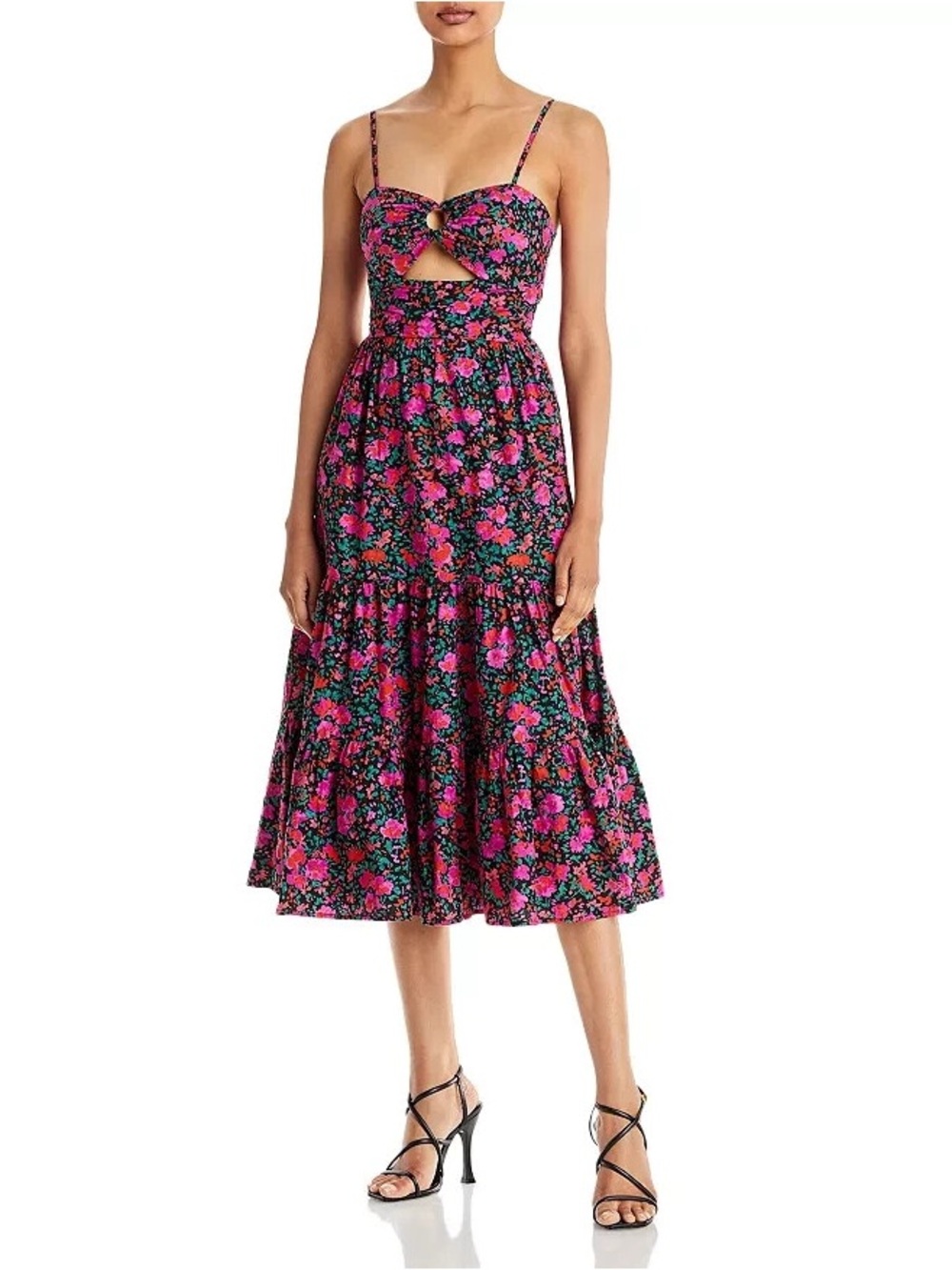 Aqua Pink and Black Floral Midi Dress with Cutout & Spaghetti Straps